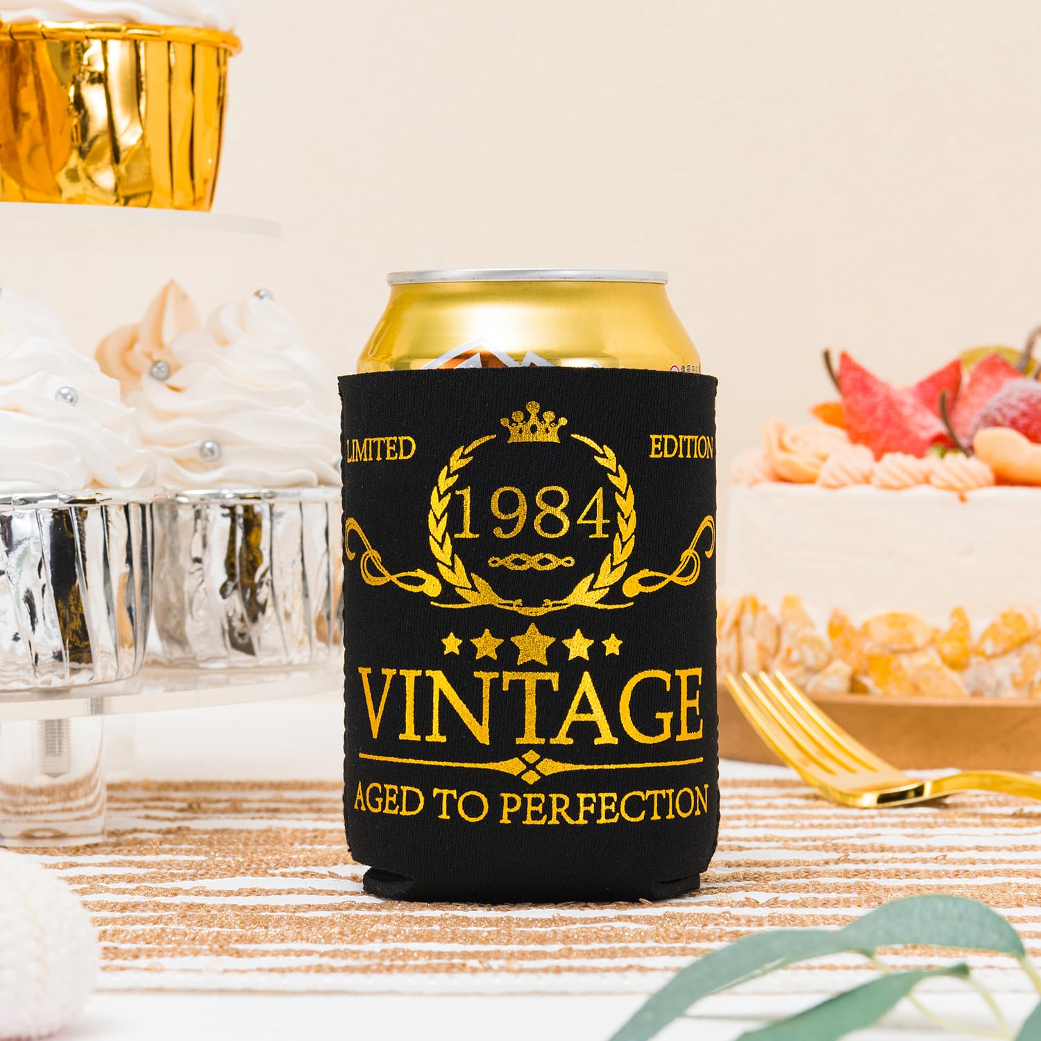 Crisky Vintage 1984 Can Coolers 40th Birthday Beer Sleeve Party Favor 40th Birthday Decoarions Black and Gold, Can Insulated Covers Neoprene Coolers for Soda, Beer, Beverage 12 pcs