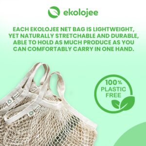 EKOLOJEE Reusable Produce Net Bags Grocery Washable, Mesh Bags For Vegetables, 4 Pack! Gots-Certified Organic Cotton String Mesh Net Market Bag | Mesh Produce Bag Natural Color Combo Regular Handles