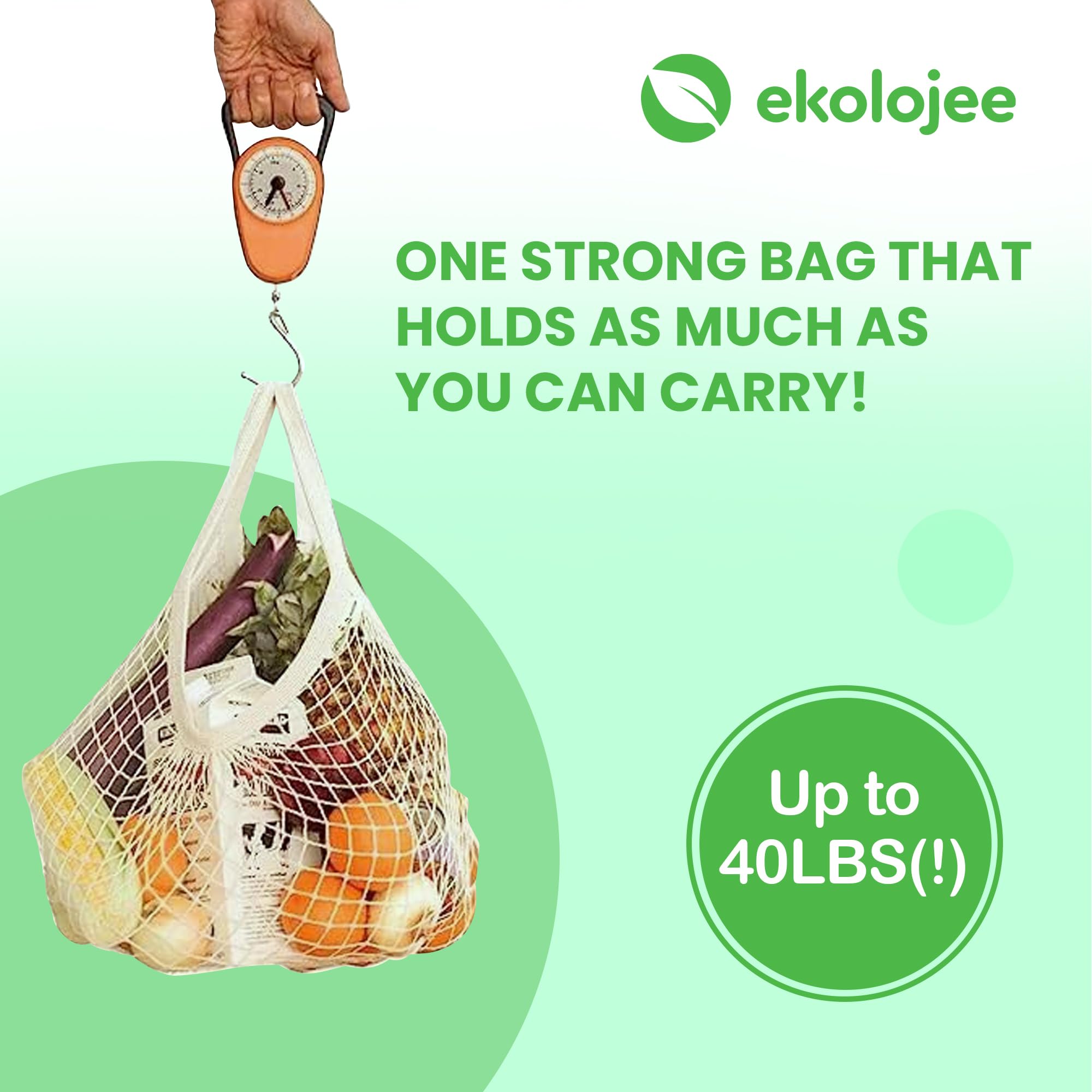 EKOLOJEE Reusable Produce Net Bags Grocery Washable, Mesh Bags For Vegetables, 4 Pack! Gots-Certified Organic Cotton String Mesh Net Market Bag | Mesh Produce Bag Natural Color Combo Regular Handles