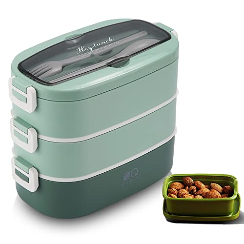 ZZQ Classic Lunch Box - Stackable Bento Box Lunch Container for Adult - Japanese-style Bento Boxes for Kids & Teens, Includes Sauce Containers, Divider, Utensils, Microwave & Dishwasher-safe, Green