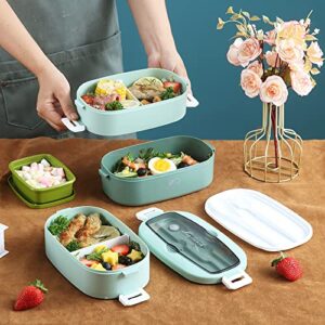 ZZQ Classic Lunch Box - Stackable Bento Box Lunch Container for Adult - Japanese-style Bento Boxes for Kids & Teens, Includes Sauce Containers, Divider, Utensils, Microwave & Dishwasher-safe, Green