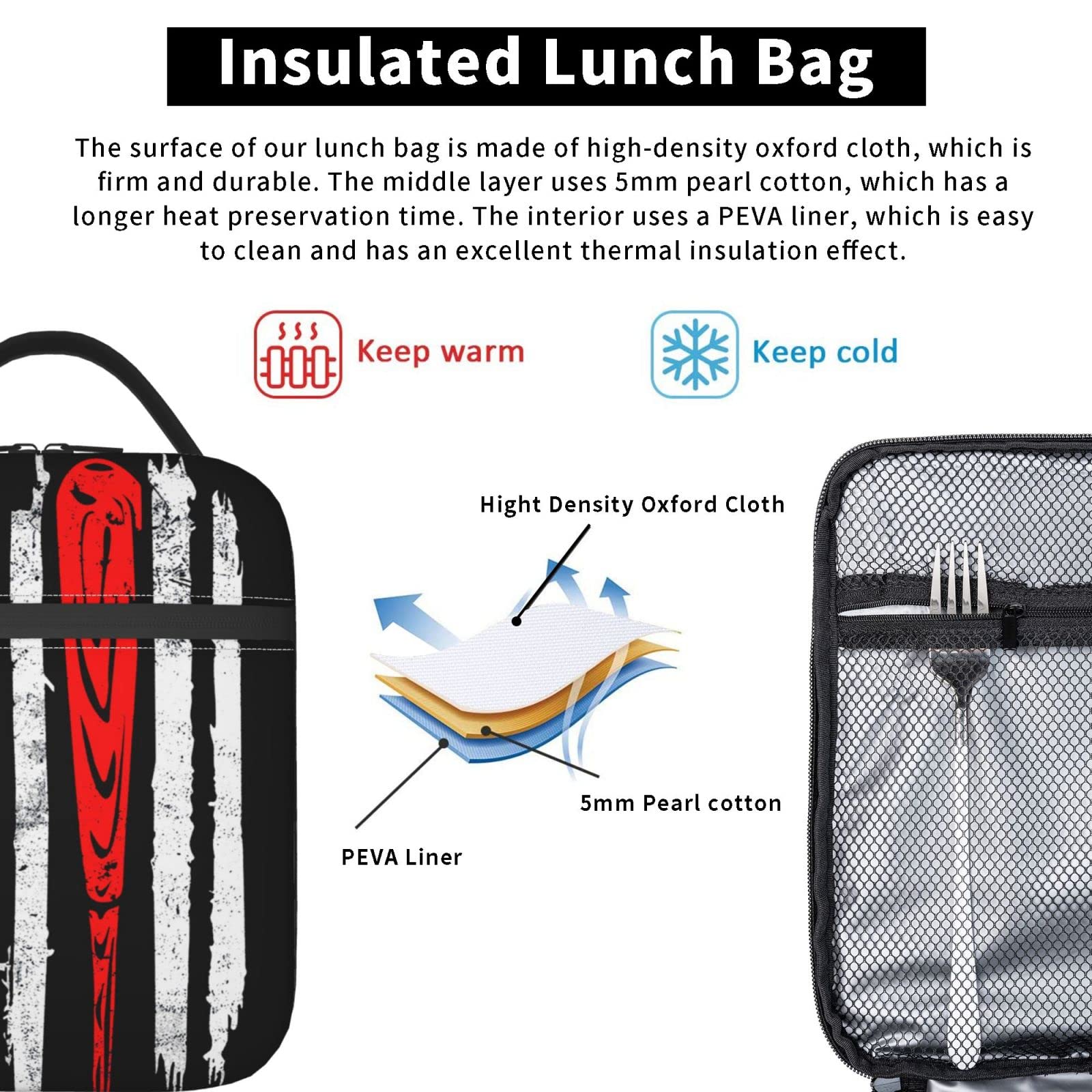 JASMODER Baseball Lunch Bag Insulated Water-Resistant Tote Bag Reusable Lunch Box For Picnic Travel