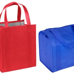 Hannah Large Capacity Heavy Duty Insulated Smart Shopping Bag - Strong Reusable Grocery Tote (2 Pack, Red & Blue)