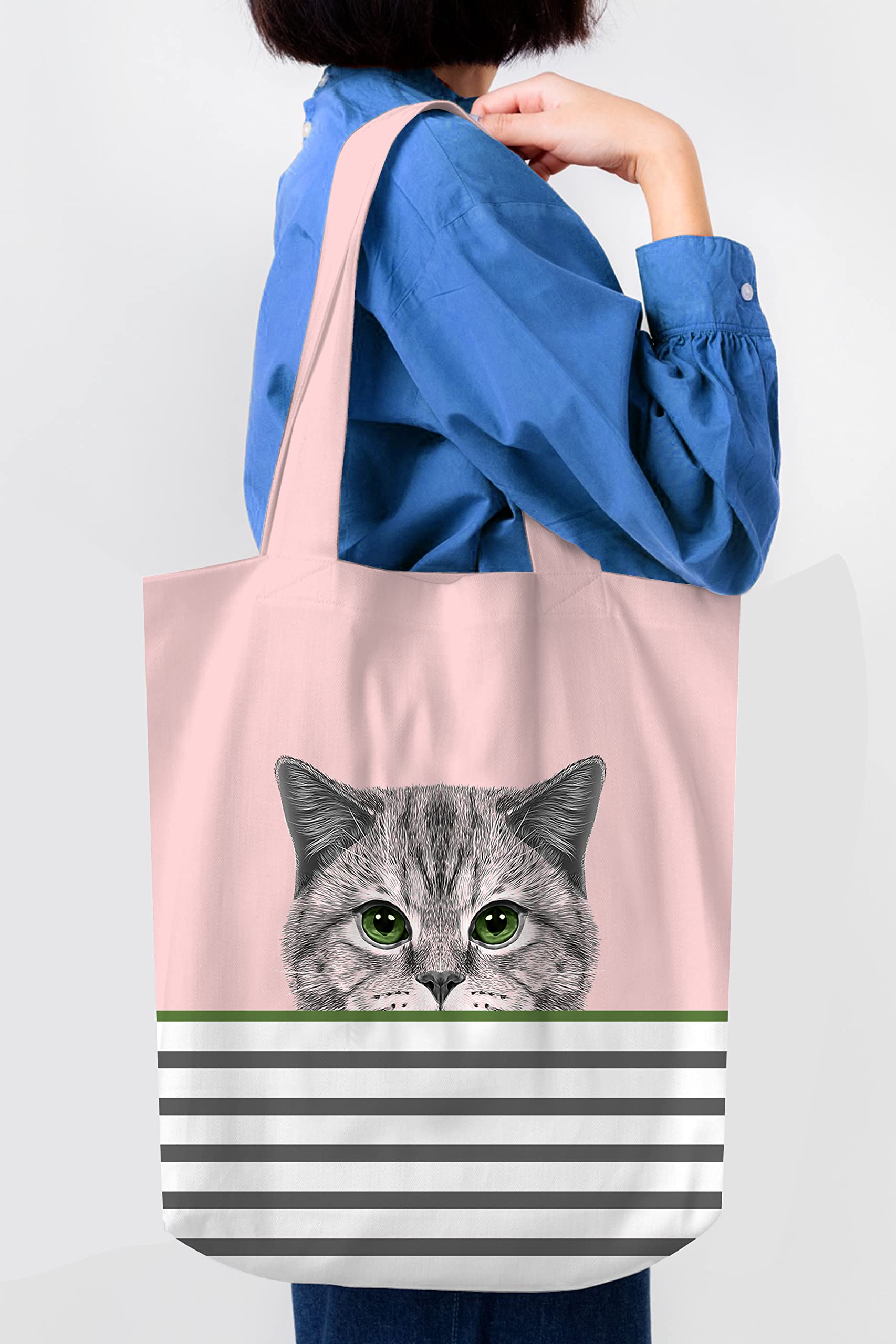 Cute Cat Pink Tote Bag - Cat Gifts for Women - Pink Black Cat Gifts for Cat Lovers - Cat Mom Gifts - Birthday Bags for Cat Lover Gifts - Teacher, Book Tote Bag - Large Reusable for Shopping (Pink Cat)