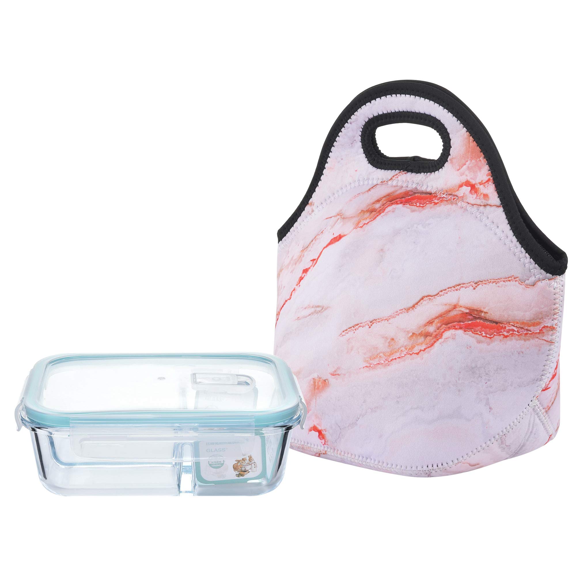 CM Soft Neoprene Tote Picnic Bag Lunch Container Box Organizer for Outdoor Travel (Orange Marble Pattern)