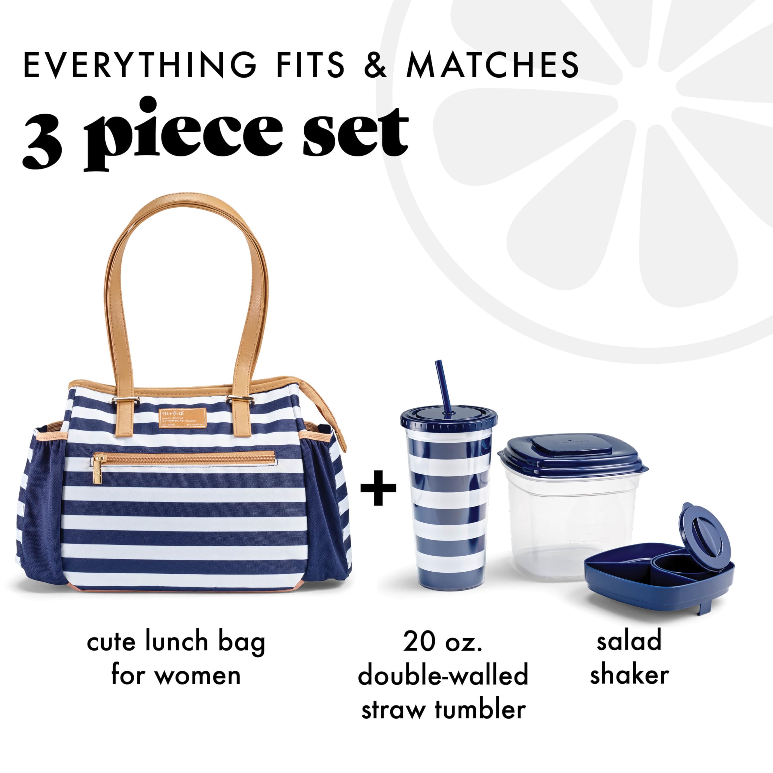 Fit & Fresh Lunch Bag For Women, Insulated Womens Lunch Bag For Work, Leakproof & Stain-Resistant Large Lunch Box For Women With Container and Matching Tumbler, Zipper Closure Copley Bag Navy Stripe