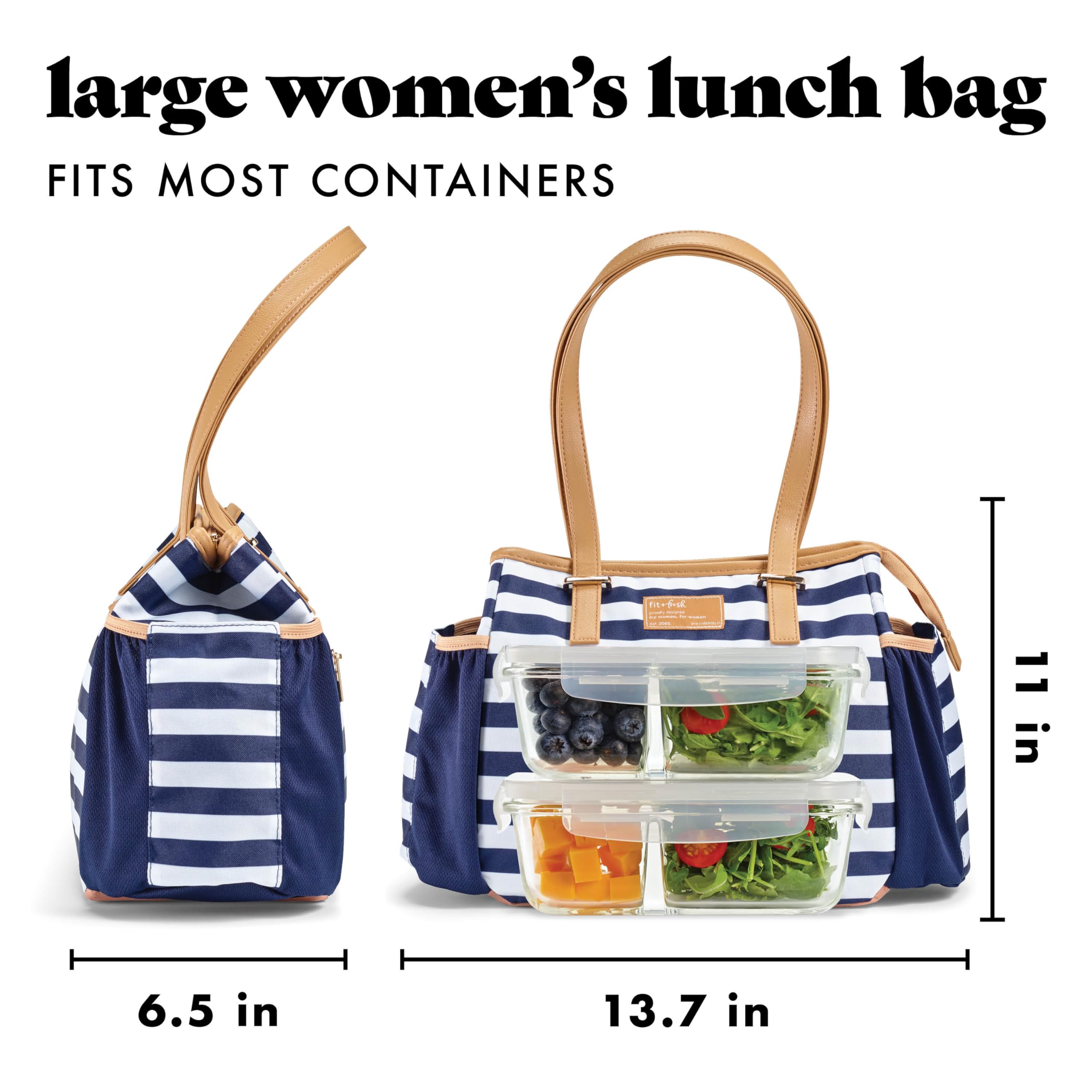 Fit & Fresh Lunch Bag For Women, Insulated Womens Lunch Bag For Work, Leakproof & Stain-Resistant Large Lunch Box For Women With Container and Matching Tumbler, Zipper Closure Copley Bag Navy Stripe