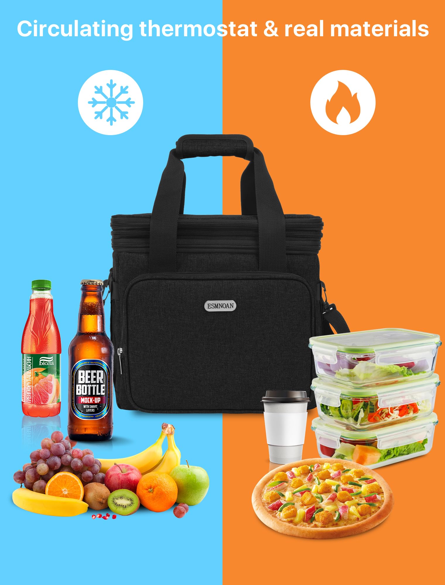 ESMNOAN 21L Large Lunch Bag, Waterproof Leakproof, Double Deck Lunch Box, Keep Warm or Cold For Work Travel Picnic, Black