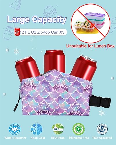 Amersun Freezable Small Cooler Bag(Built-in Ice Packs, TSA Approved), Insulated Lunch Bag for Child, Reusable Snack Bags for Kids, Portable Mini Cooler Bag with Adjustable Handle (Mermaid)