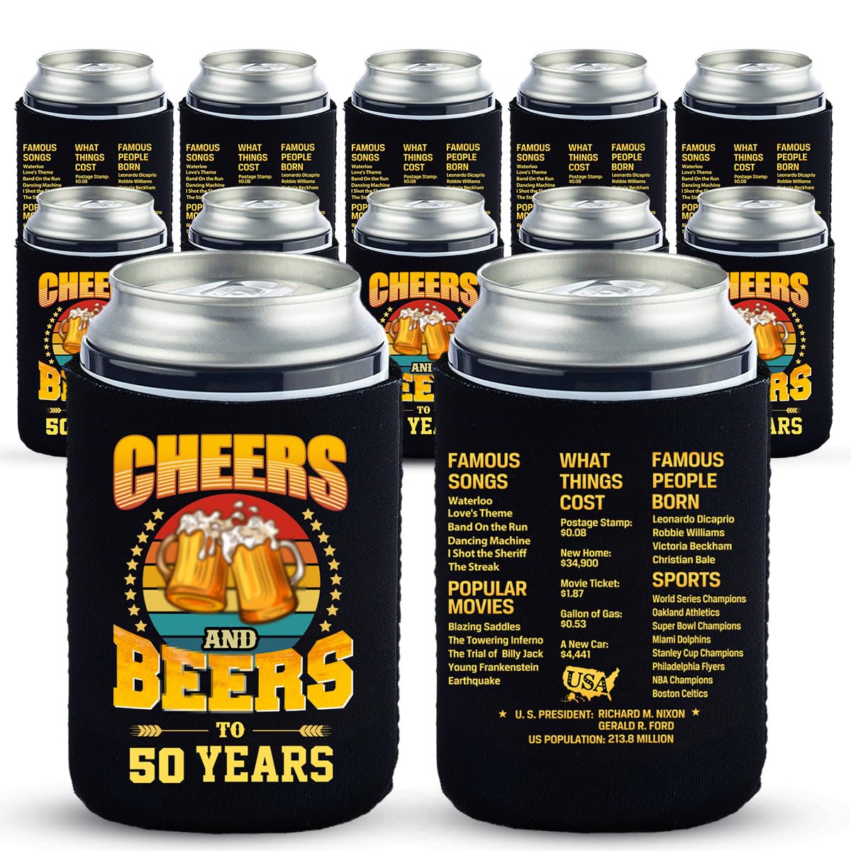 50th Birthday Party Beverage Can Cooler Sleeves, Cheers to 50 Years with Old Time Informations, Happy 50th Birthday Decorations for Men Women, 50th Birthday Party Supplies, Vintage - 12 Pcs