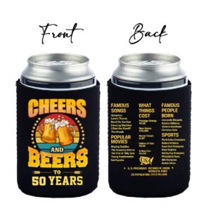 50th Birthday Party Beverage Can Cooler Sleeves, Cheers to 50 Years with Old Time Informations, Happy 50th Birthday Decorations for Men Women, 50th Birthday Party Supplies, Vintage - 12 Pcs