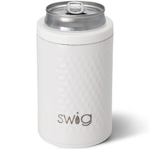 swig life standard can + bottle cooler, stainless steel, dishwasher safe, triple insulated can sleeve for standard size 12oz cans or bottles in golf print with golf ball textured frame