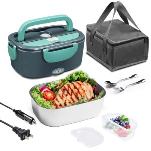 electric lunch box 60w food heater, 4 in 1 portable heated lunch box for car truck work adults, leak proof, self heating lunch box with 1.5l 304 ss container, fork & spoon carry bag 110v/220v/12v/24v