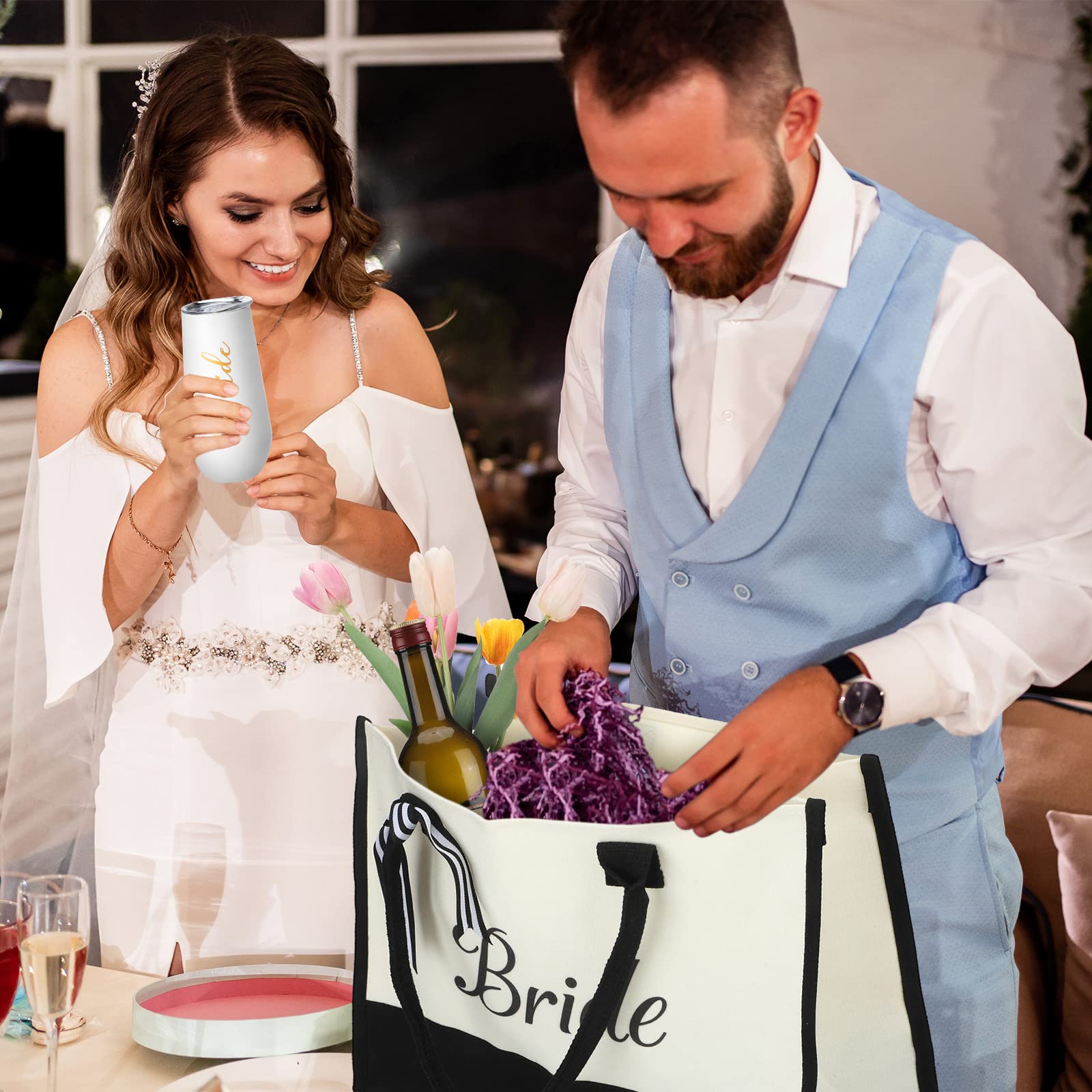 Karenhi 3 Pcs Bride to Be Gifts Set, Include Bride Tumbler Champagne Flutes Wifey Tumbler, Bride Tote Bag Bridal Shower Gift Bag, Women's I Do Slippers for Bride Engagement Weddings Bachelorette Party