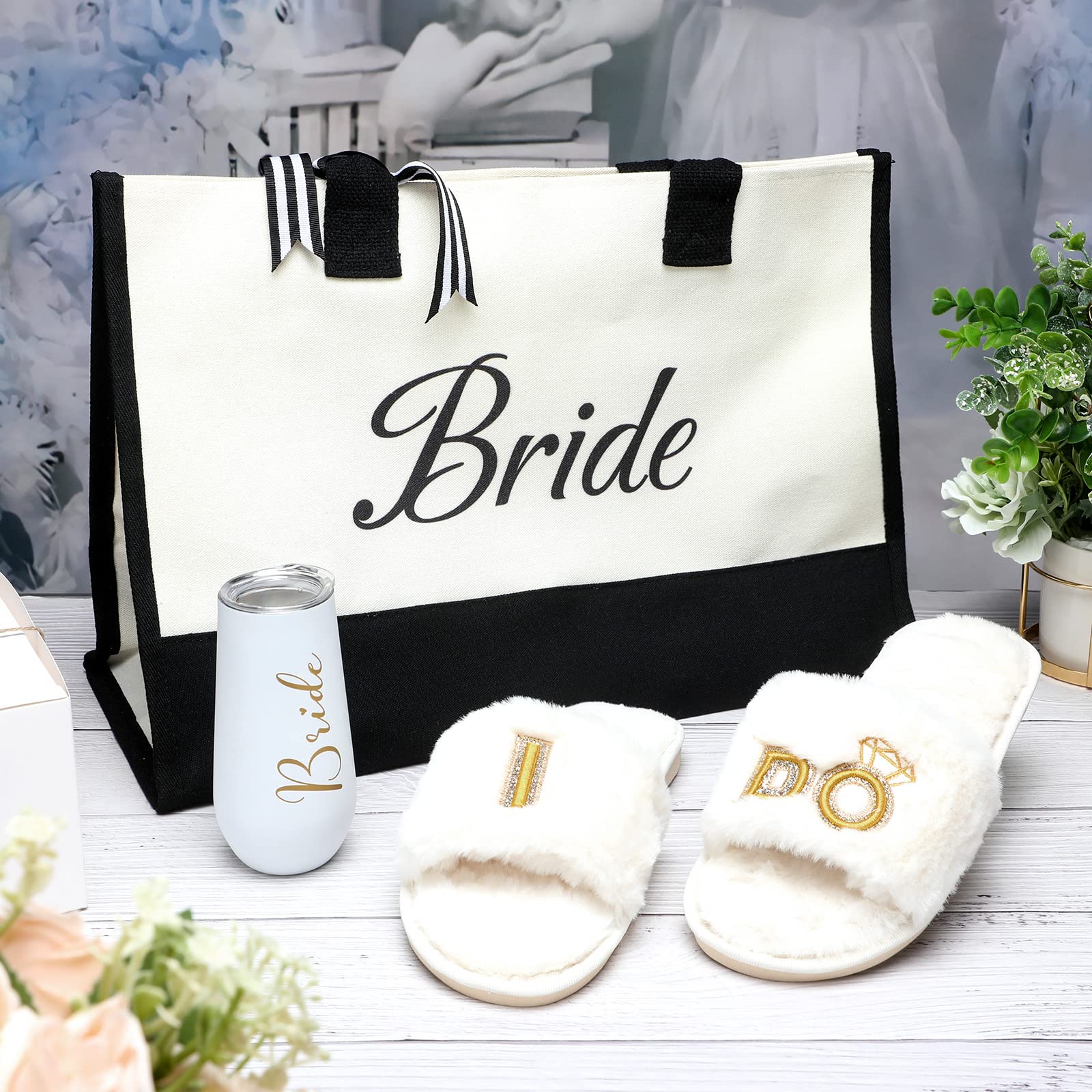 Karenhi 3 Pcs Bride to Be Gifts Set, Include Bride Tumbler Champagne Flutes Wifey Tumbler, Bride Tote Bag Bridal Shower Gift Bag, Women's I Do Slippers for Bride Engagement Weddings Bachelorette Party