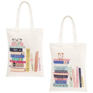 oudain 2 pcs book tote bags, canvas library book bags, aesthetic reusable cute portable gift bag for book lovers, washable book school shoulder bag grocery shopping bags for girls women