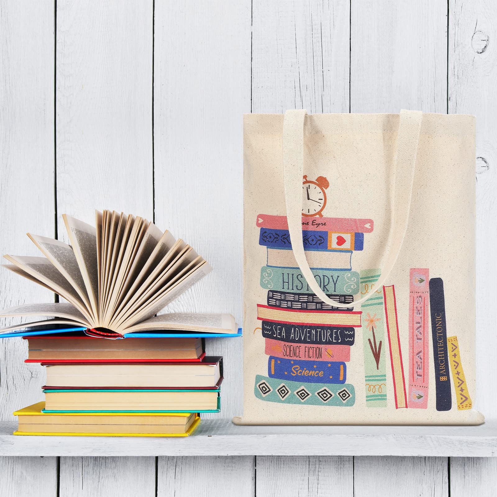 Oudain 2 Pcs Book Tote Bags, Canvas Library Book Bags, Aesthetic Reusable Cute Portable Gift Bag for Book Lovers, Washable Book School Shoulder Bag Grocery Shopping Bags for Girls Women