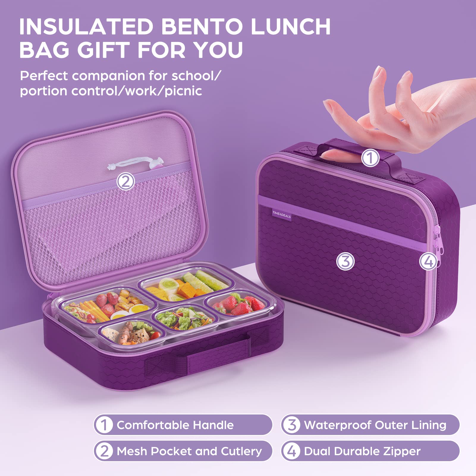 Lunch Box Stainless Steel Bento Box with Lunch Bag & Fork, Leakproof Bento Lunch Box for Adults Kids Bento-Style School Lunch Box 5 Compartments Lunch Containers, BPA-Free, Dishwasher Safe (Purple)