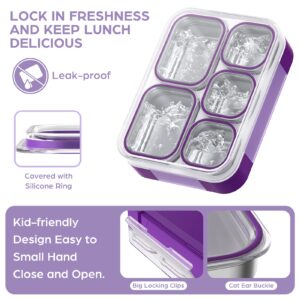 Lunch Box Stainless Steel Bento Box with Lunch Bag & Fork, Leakproof Bento Lunch Box for Adults Kids Bento-Style School Lunch Box 5 Compartments Lunch Containers, BPA-Free, Dishwasher Safe (Purple)