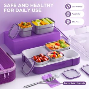 Lunch Box Stainless Steel Bento Box with Lunch Bag & Fork, Leakproof Bento Lunch Box for Adults Kids Bento-Style School Lunch Box 5 Compartments Lunch Containers, BPA-Free, Dishwasher Safe (Purple)