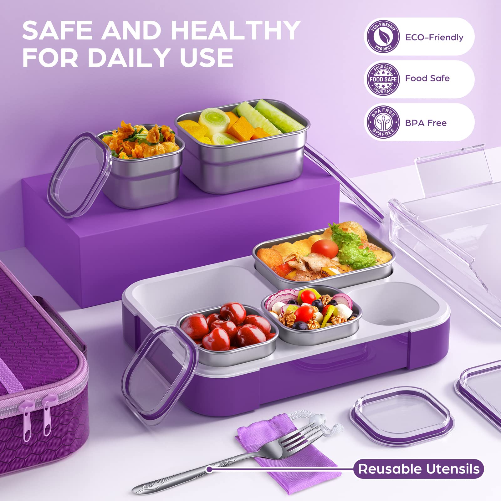 Lunch Box Stainless Steel Bento Box with Lunch Bag & Fork, Leakproof Bento Lunch Box for Adults Kids Bento-Style School Lunch Box 5 Compartments Lunch Containers, BPA-Free, Dishwasher Safe (Purple)