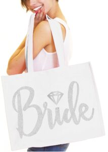 bride tote bag, bride kit- giant 18" x 14" cotton canvas white totes with diamond motif rhinestones, engagement or bridal shower gift & accessories bride tote - white tote(diabride rs) wht