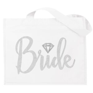 Bride Tote Bag, Bride Kit- Giant 18" x 14" Cotton Canvas White Totes with Diamond Motif Rhinestones, Engagement or Bridal Shower Gift & Accessories Bride Tote - White Tote(DiaBride RS) WHT