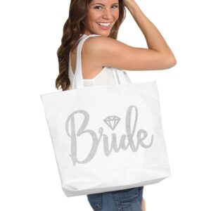 Bride Tote Bag, Bride Kit- Giant 18" x 14" Cotton Canvas White Totes with Diamond Motif Rhinestones, Engagement or Bridal Shower Gift & Accessories Bride Tote - White Tote(DiaBride RS) WHT