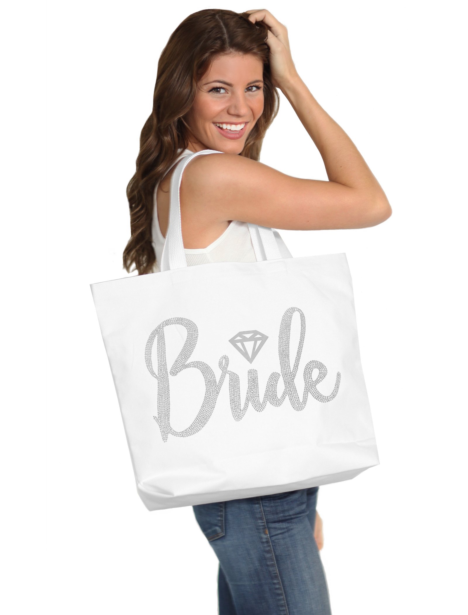 Bride Tote Bag, Bride Kit- Giant 18" x 14" Cotton Canvas White Totes with Diamond Motif Rhinestones, Engagement or Bridal Shower Gift & Accessories Bride Tote - White Tote(DiaBride RS) WHT