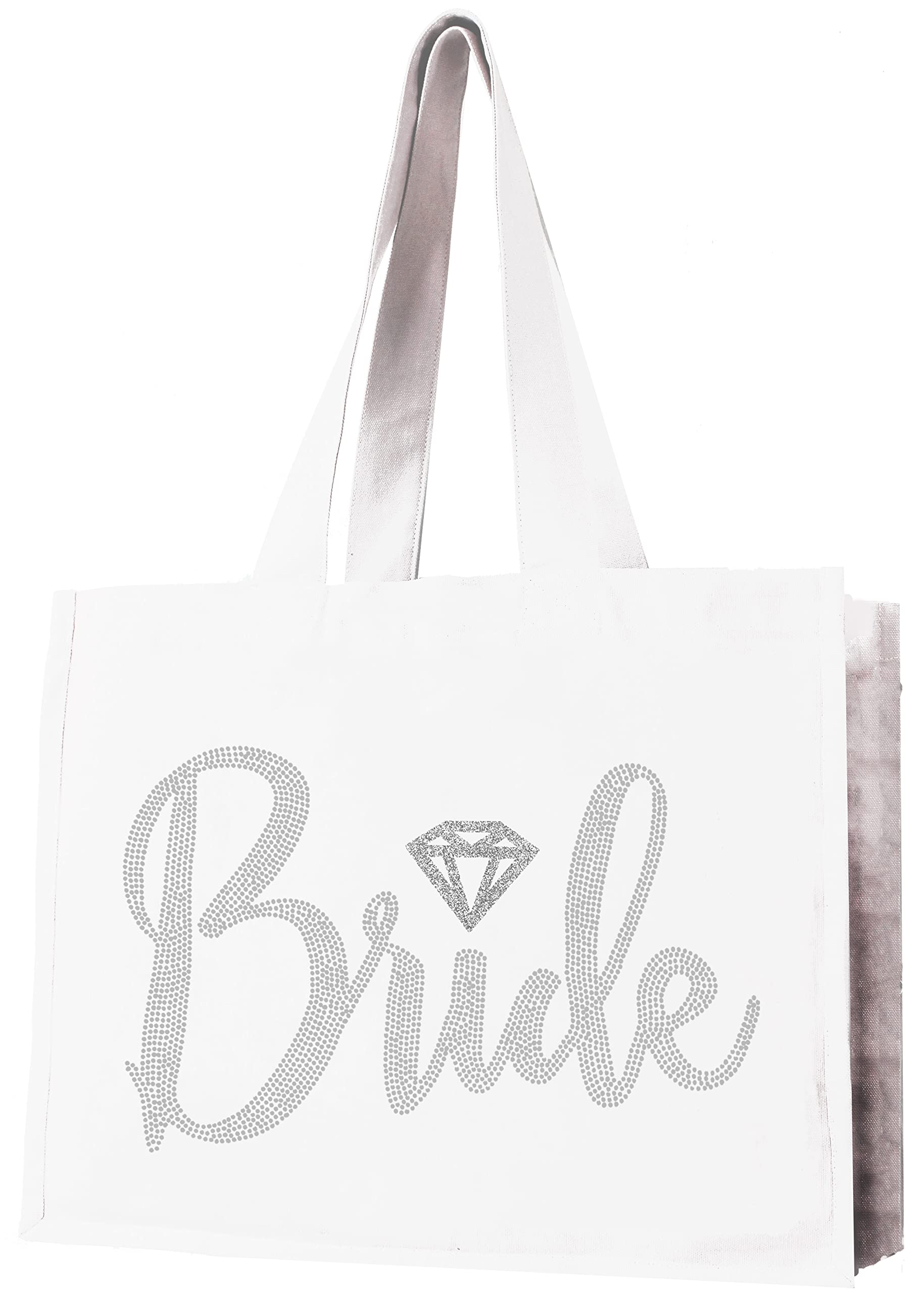 Bride Tote Bag, Bride Kit- Giant 18" x 14" Cotton Canvas White Totes with Diamond Motif Rhinestones, Engagement or Bridal Shower Gift & Accessories Bride Tote - White Tote(DiaBride RS) WHT