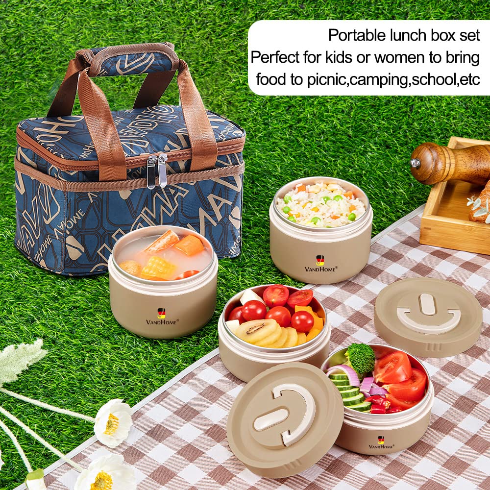 ArderLive Lunch Bento Box with Bag, Portable Thermal Leakproof Lunch Containers, 18/8 Stainless Steel Stackable Insulated Lunch Box for Adults, Picnic Work and Travel, 68 Oz, Khaki