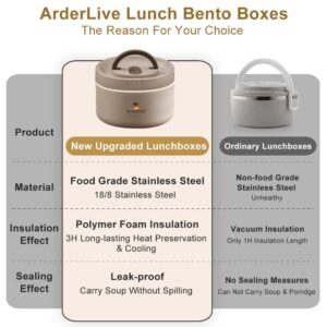 ArderLive Lunch Bento Box with Bag, Portable Thermal Leakproof Lunch Containers, 18/8 Stainless Steel Stackable Insulated Lunch Box for Adults, Picnic Work and Travel, 68 Oz, Khaki