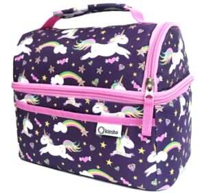 kinsho unicorn toddler lunch box for girls kids, insulated bag for baby girl daycare pre-school kindergarten, container boxes for small kid snacks lunches, 2 compartments, unicornio purple