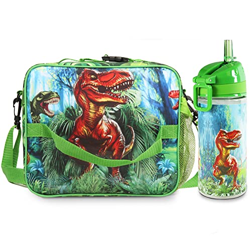 Kids’ Lunch Bag With Water Bottle By ToyToEnjoy- Insulated Lunch Bag With Adjustable Shoulder Strap & Bottle Holder- Boys & Girls’ Thermal Meal Tote For School- Durable Lunch Box Set, Dinosaur