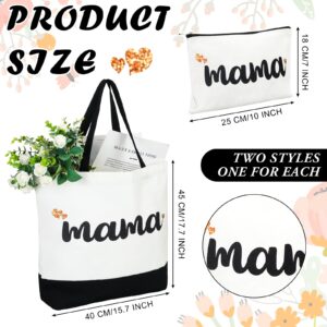 Cunno 2 Pcs Mom Canvas Tote Bag Bag with Makeup Bags, Reusable Tote Bag, Mother of the Bride Tote Bag for Girls Bride Mother (Mama)