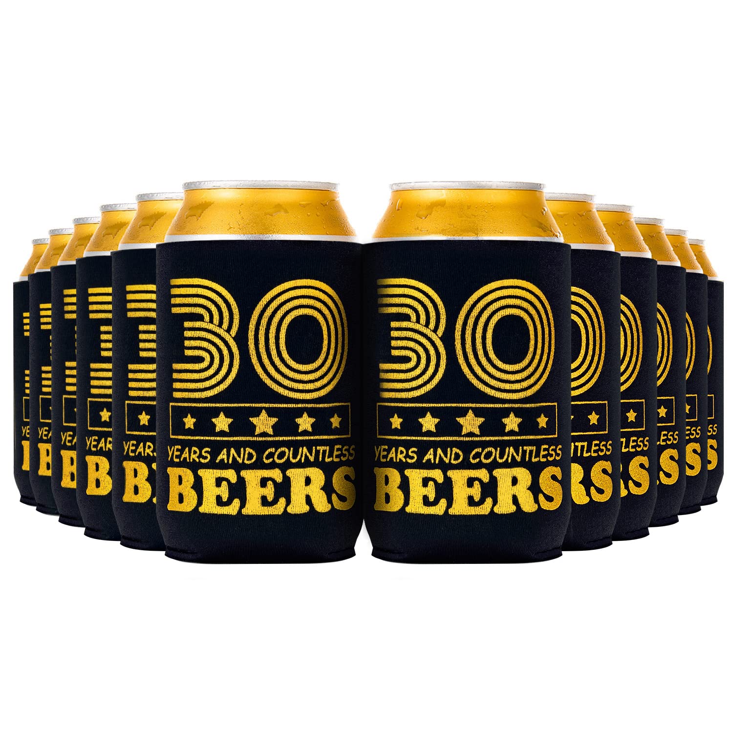 Crisky 30th Birthday Can Cooler Happy 30th Birthday Decorations for Men, Can Coolies Beverage Sleeve for 30 Year Old Birthday Gift Ideas Birthday Party Favors for Him, 12 Pack, Black & Gold