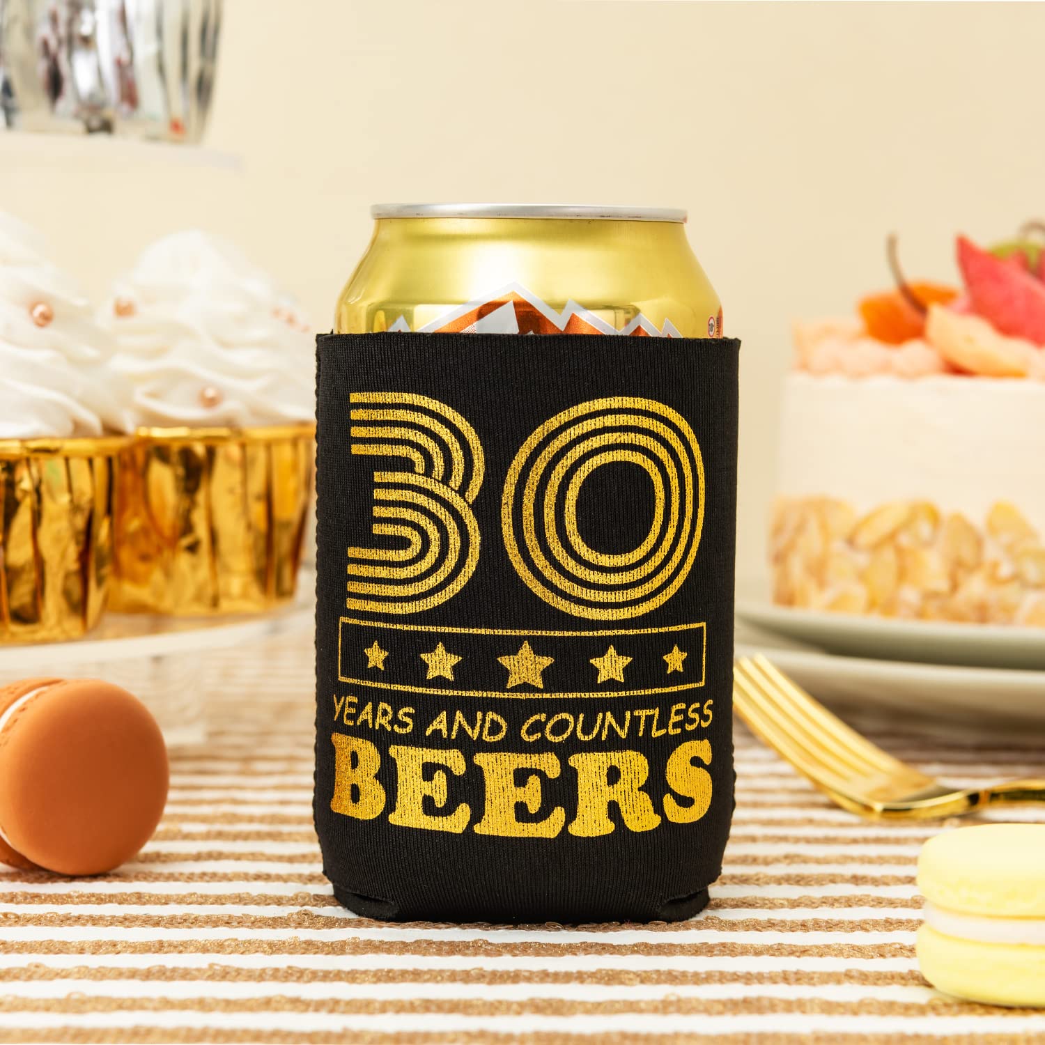 Crisky 30th Birthday Can Cooler Happy 30th Birthday Decorations for Men, Can Coolies Beverage Sleeve for 30 Year Old Birthday Gift Ideas Birthday Party Favors for Him, 12 Pack, Black & Gold