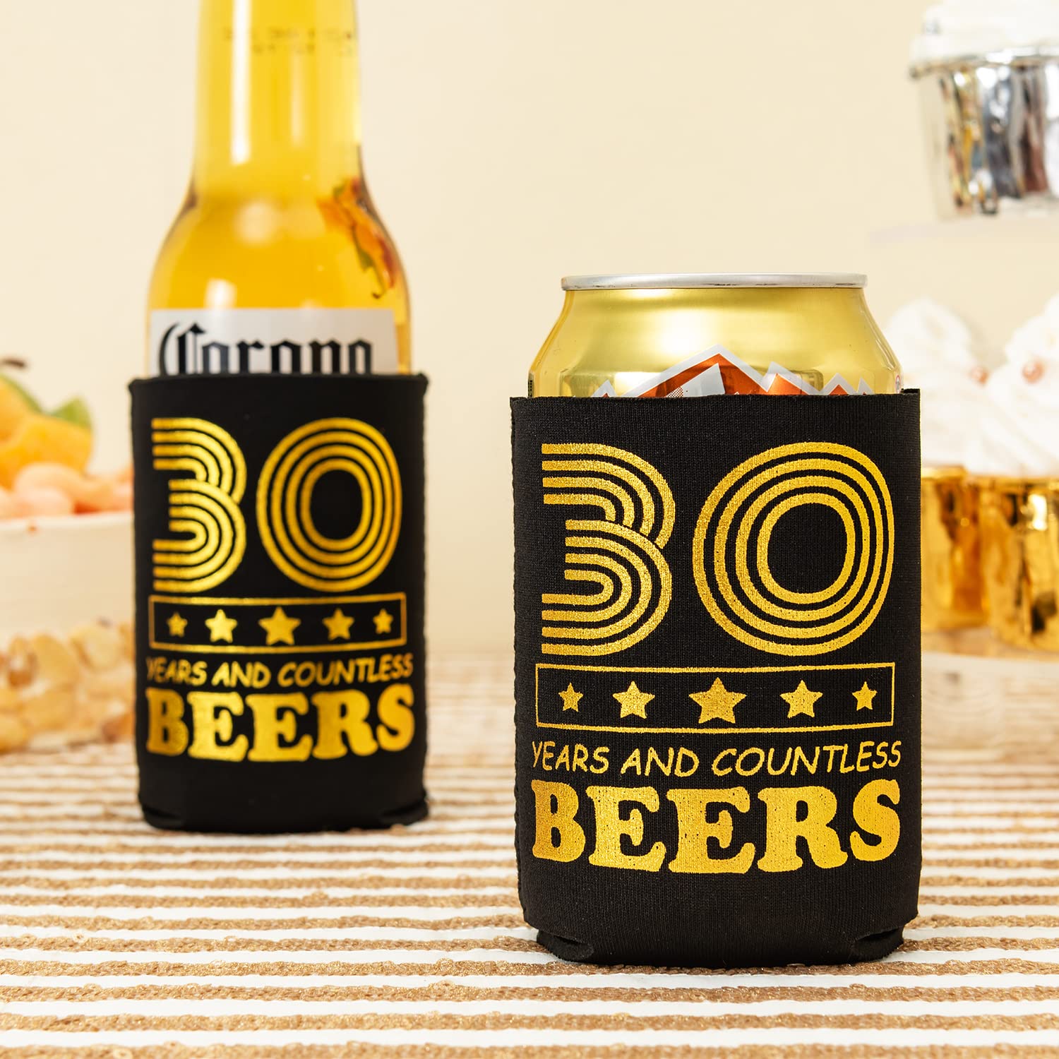 Crisky 30th Birthday Can Cooler Happy 30th Birthday Decorations for Men, Can Coolies Beverage Sleeve for 30 Year Old Birthday Gift Ideas Birthday Party Favors for Him, 12 Pack, Black & Gold