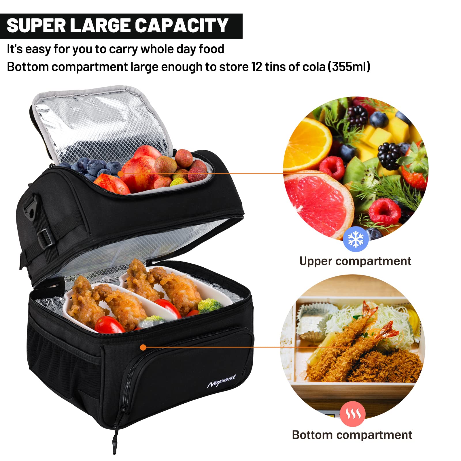 Nepest Large Insulated Lunch Cooler Bag for Adult Men Women 24 Can Heavy Duty Lunch Box Reusable Lunchboxes Leakproof Lunch Pale Soft Coolers Bags with Shoulder Strap for Work Picnic Office, Dark Gray