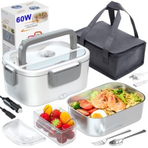 adocfan electric lunch box, fast 60w 3 in 1 portable food heater car use 12v/24v and home use 110v, leak proof, removable stainless steel container, fork, spoon and carry bag (gray)