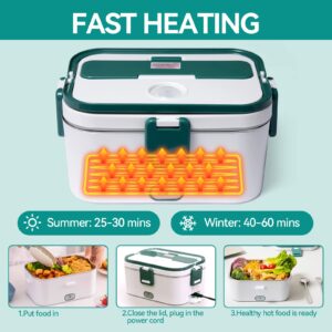 SESOCSEO Heating Lunch Box for Work, 1.8L(7.6 Cup) Car Food Warmer, 12V/24V/110V 3-In-1 Heated Lunch Box with Carry Bag Fork Spoon for Truck/Office/Home(Blue) (AB-Green) (DFH-6842)