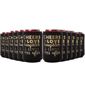 wedding can can cooler decorations - cheers to love laughter and happily ever after, can coolies set of 12, wedding supplies for bridal showers, engagements and bachelorette parties (black)
