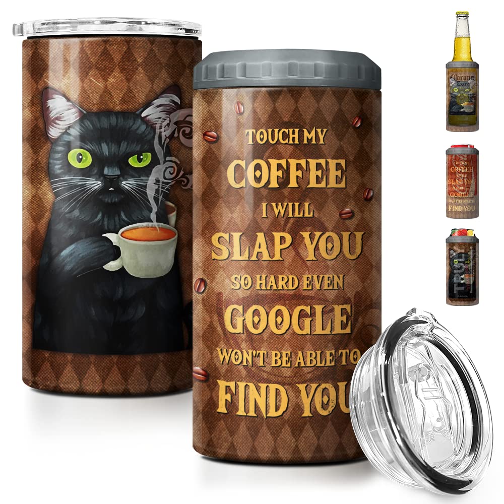 SANDJEST Black Cat Tumbler Funny Coffee 4 in 1 16oz Tumbler Can Cooler Coozie Skinny Stainless Steel Tumbler Gift for Women Girl Daughter Sister Mom Cat Lovers Christmas Birthday