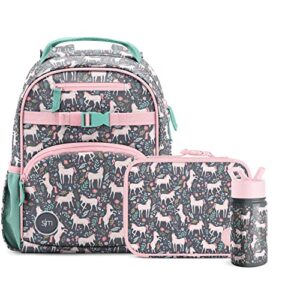simple modern kids backpack with lunch box and water bottle | school supplies for girls, boys, toddlers | 12l fletcher, 4l hadley, 14oz summit set | unicorn fields