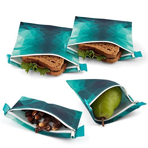 Nordic By Nature 4 Pack - Reusable Sandwich Bags Dishwasher Safe BPA Free - Durable Washable Quick Dry Cloth Baggies -Reusable Snack Bags School Lunches - Easy Open Zipper - (Turquoise)