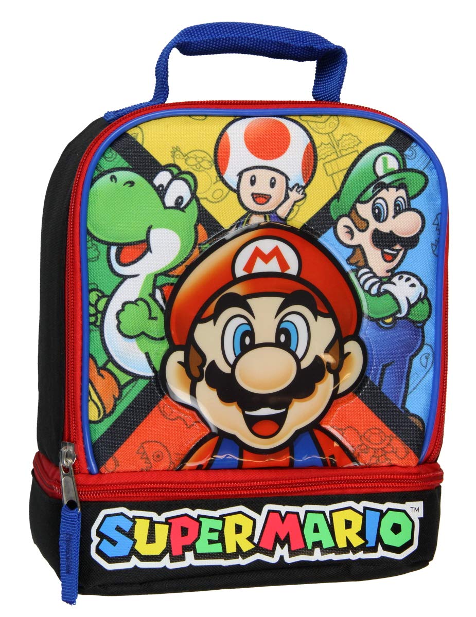 Bioworld Super Mario Luigi Toad Yoshi Dual Compartment Insulated Lunch Box Lunch Bag Soft Kit Cooler