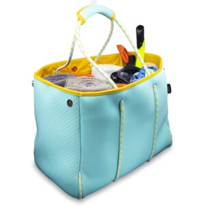 nordic by nature large designer beach bag tote | versatile travel tote bag perfect for boat, beach, pool & gym bag | zippered pockets | stretchy room for towels, toys and lotion |(turquoise/yellow)