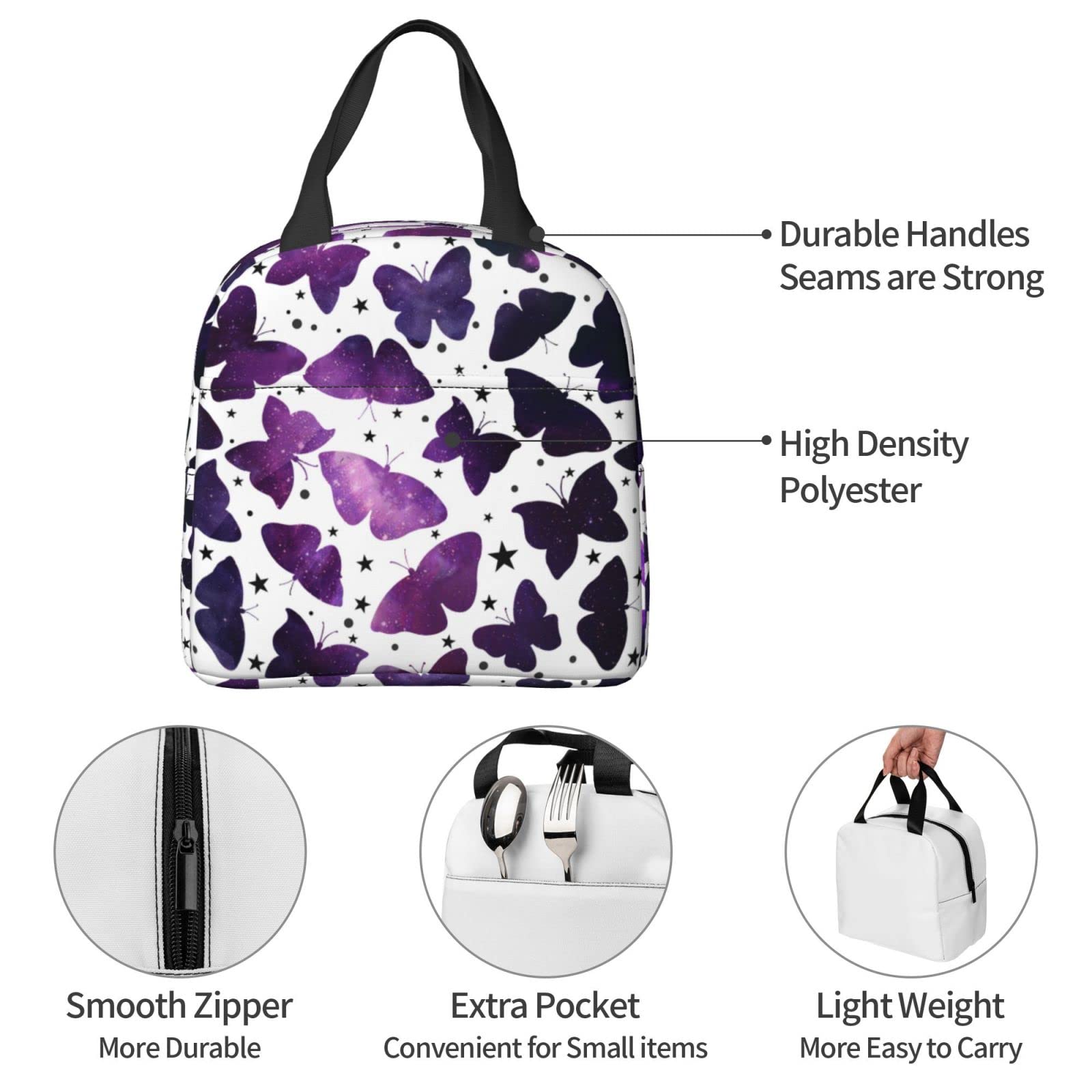 YISDZSW Butterfly Lunch Bag Box for Women Cute, Insulated Lunch Bags Durable Waterproof Thermal Tote Bag with Pocket for Work Picnic Travel Teens