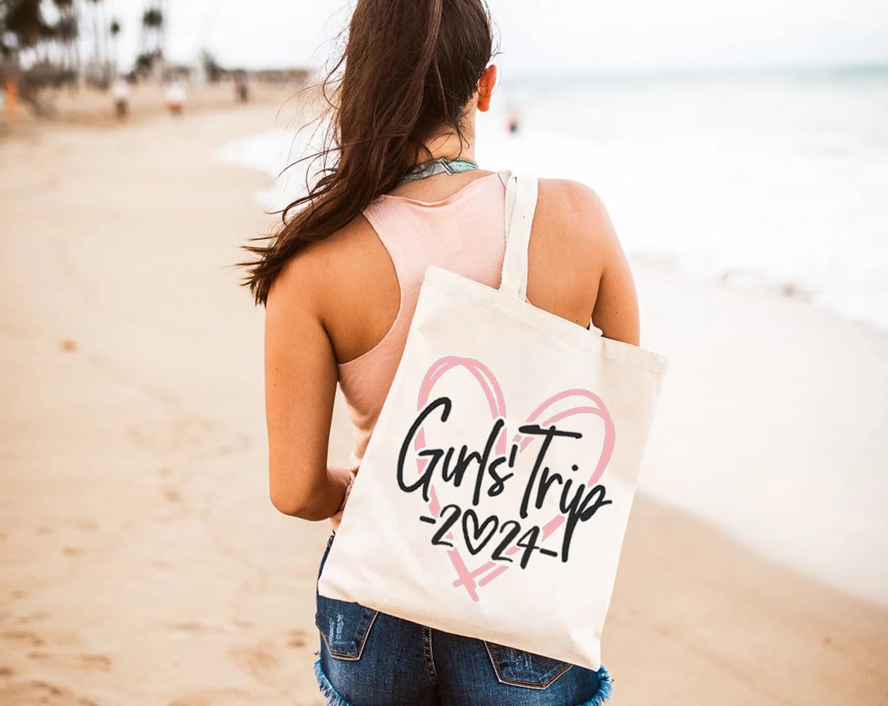 GXVUIS Canvas Tote Bag for Women Aesthetic Girls Trip Love 2024 Reusable Shoulder Bags for Shopping Beach Gift for Friend White