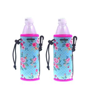 e - living 500ml (16.9 oz) collapsible printed neoprene water bottle drawstring cooler/coolie/cover/insulator/holder/huggie/sleeve - 2 pack (12 colors) (vintage roses)